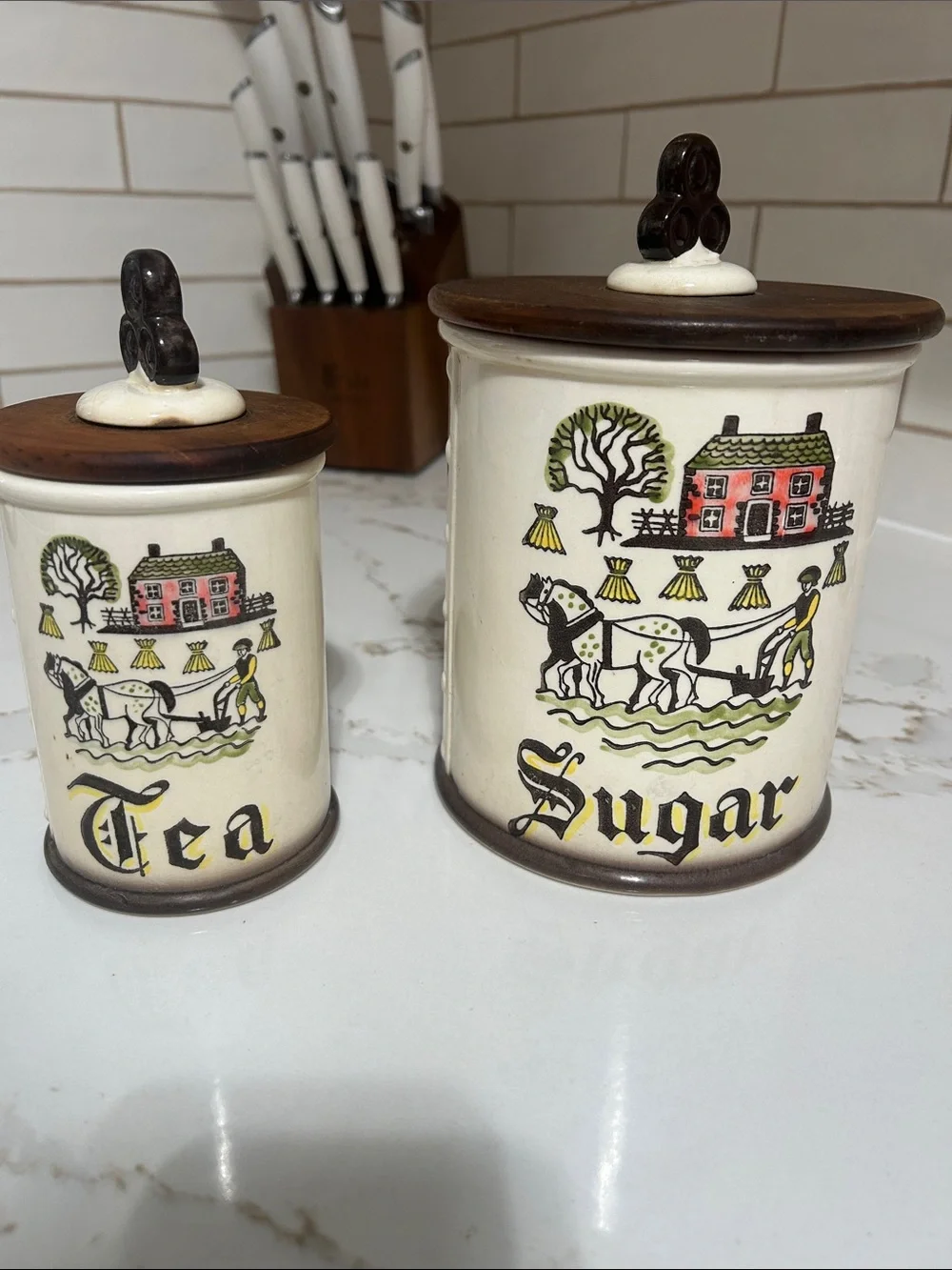 Vintage Metlox Poppytrail Cream Ceramic Tea & Sugar Canister Set with Brown Lids